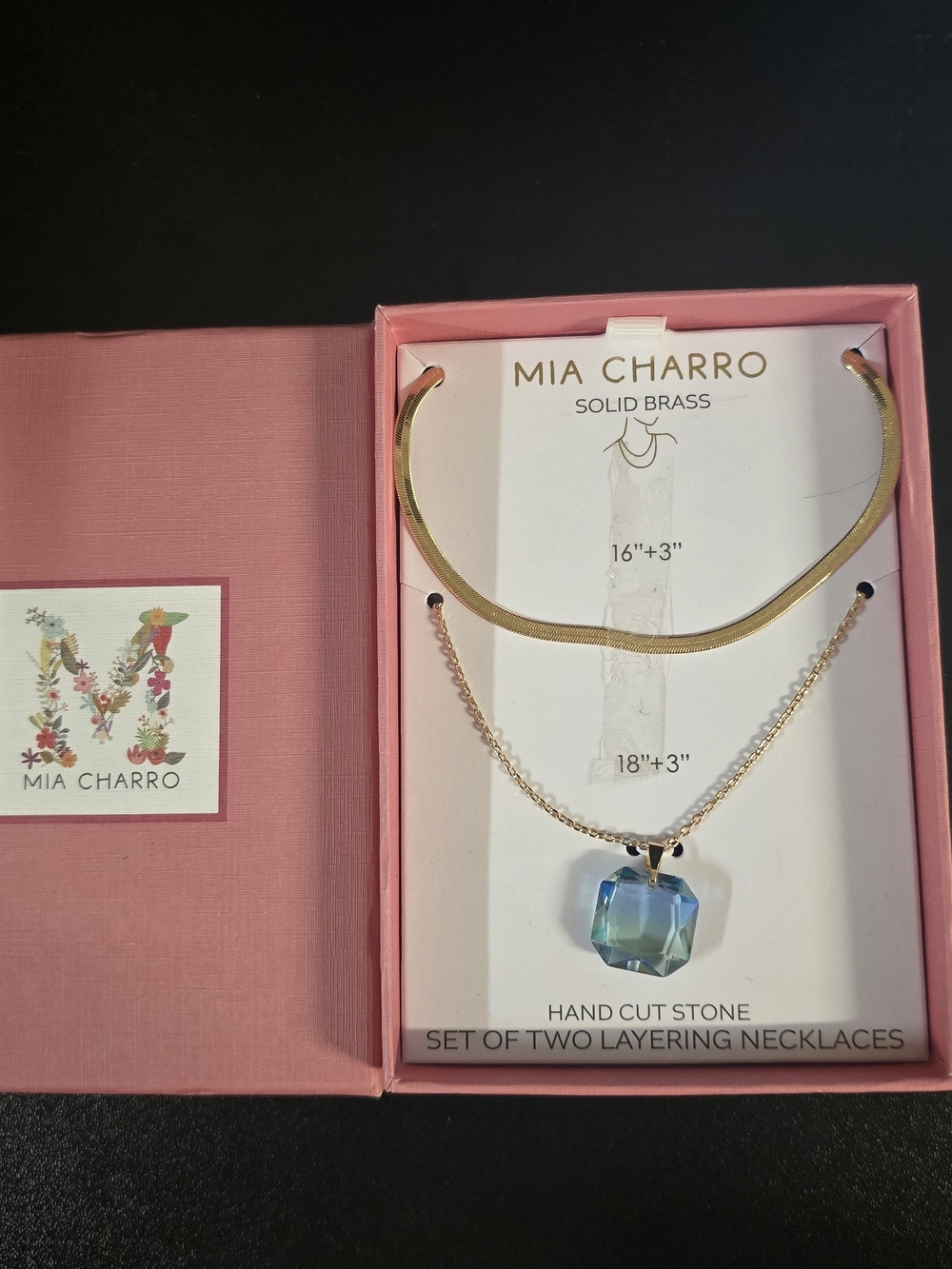 NIB Mia Charro Solid Brass Layering Necklace Set Blue Crystal